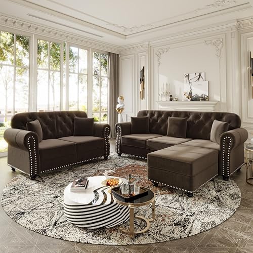 Image of KEIKI 2-Piece Chesterfield Sofa Set with 1 Velvet 3-Seater Sofa & 1 Loveseat Sofa, Upholstered 5-Seater Couch Set with Nailhead Trim & Rolled Arms & 1 Ottoman & 5 Pillow, for Living Room, Brown