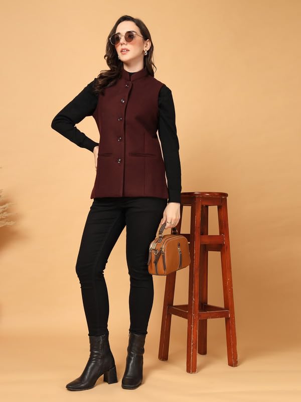 Image of Vastraa Fusion Solid Indian Traditional Ethnic Waistcoat Festive Woolen Nehru Jacket for Women