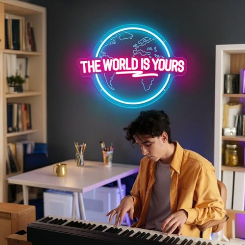 Image of The World Is Yours Neon Sign Carved Planet The World Is Yours LED Neon Light Lamp for Wall Decor Light Up Signs for Office Wedding Man Cave Game Room Bedroom Birthday Gift 41CM*31CM