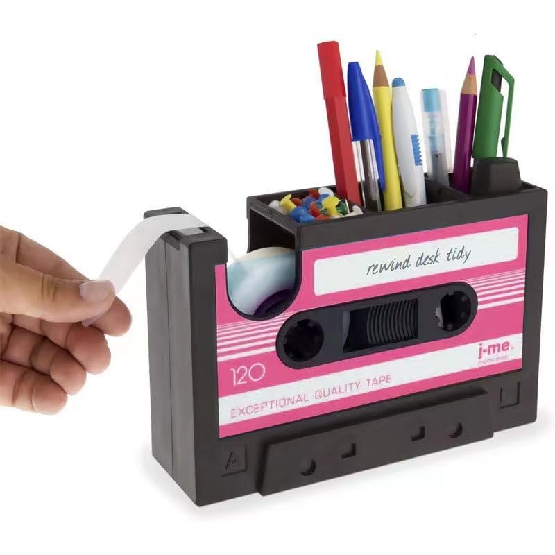 Tape Dispenser with Pen Holder, The Retro Cassette Heat Tape Dispenser, Cute Roll Holder with 1 Roll, Paperclips Holder,Stationery Desk Tidy Container, Office Stationery Storage,Great Office Gifts — image 1