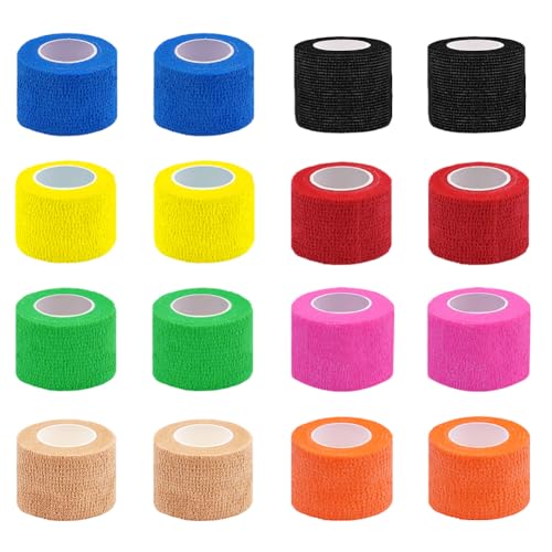Clooflar 16 Pack Self Adhesive Bandage Wrap 1 X 5 Yards Multi-Colored Elastic Cohesive Bandage for Sports Wrist Ankle Vet Wrap Grip Tape