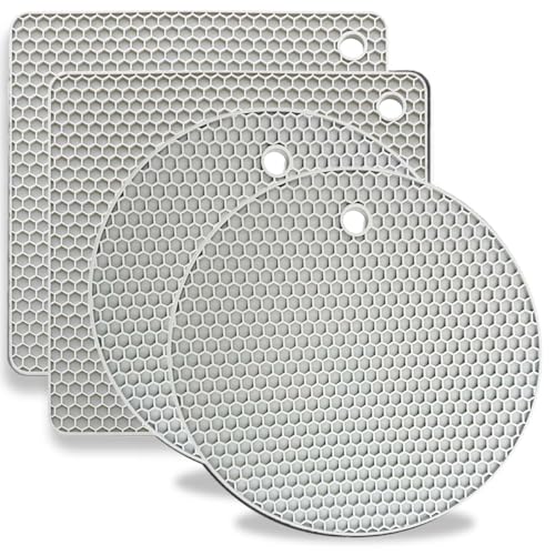 OT-NVWOZR 4PCS Silicone Trivet Mats, Heat Resistant Non-Slip Hot Pads Multipurpose Pot Holder, Table Place Mats for Kitchen Potholder Hot Dishes Spoon Rest Coasters Square Round (Grey)