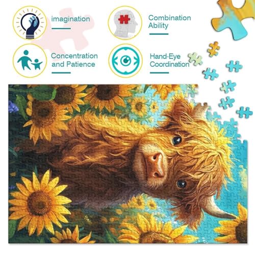 Puzzle de 1000 piezas de vaca escocesa y girasoles para una tarde de relajación familiar 4