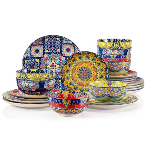 Sweejar Ceramic Dinnerware Sets for 8,24 Pieces Boho Plates and Bowls for Kitchen,Housewaring Gift,Bohemian Style Dish Set,Dishwasher and Microwave Safe(Colorful)