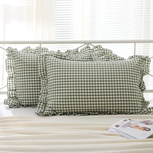 K MASANIJI 2 Pack Sage Green Gingham Ruffle Pillow Shams