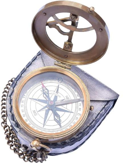 Handmade Brass Sundial Compass with Chain & Leather Case Antique Finish Pocket Compass Marine Nautical Sun Clock Pirate Ship Replica Antique Compass for Hiking & Camping 1
