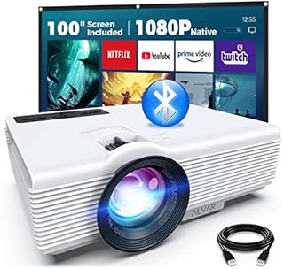 Native 1080P Bluetooth Projector with 100'' Screen, ALVAR 10000 Lux & 400 ANSI Portable Outdoor Movie Mini Projector, 60000 Hrs LED Lamp Life, Compatible with TV Stick, HDMI and USB