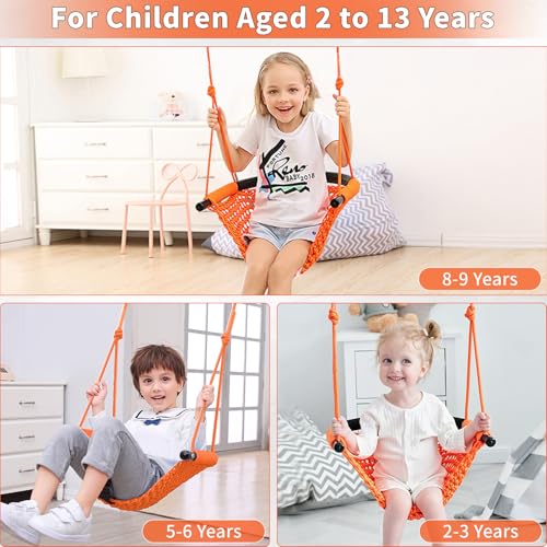 Image of Hi-Na Kids Swing for Swing Set, Heavy Duty Rope Swings with Snap Hooks and Straps, 440LBS Capacity, Toddler Swing Seat for Indoor Porch, Outdoor Playground, Tree, Orange