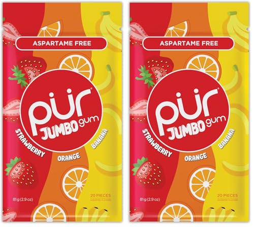 Image of PUR Jumbo Gum | Aspartame Free Chewing Gum | 100% Xylitol | Natural Strawberry, Banana, Orange Flavor Pieces, 20 Count (Pack of 2)