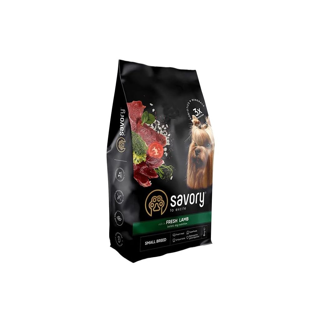 SAVORY Perros Gourmand Fresco - Alimento holístico para perros Alimento seco - Mezcla de prebióticos, probióticos y minerales - Raza pequeña - Cordero fresco - 8 kg