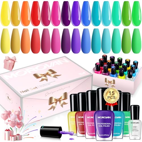 Morovan Nail Polish Set Fingernail: 2026 Nail Gift Kit Bright Rainbow Color Air Quick Dry Regular 0.27oz Finger Nail Polish Pack with Base Top Coat Christmas Winter Holiday Manicure for Women Girl