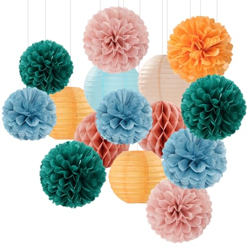 Image of Dusty-Blue Orange Teal Party-Decorations Paper-Flowers - 15pcs Fall Rose Gold Blush Pink Birthday Baby Bridal Shower Tissue Pom Poms Lanterns Streamers,Wedding Bachelorette Hanging Supplies Hugfond