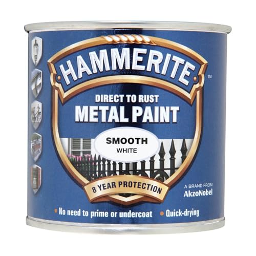 Hammerite Metal Paint Smooth White DIY Enthusiasts Quick Drying Time Easy-To-Apply Rust Protection Long-Lasting Perfect For Gates Railings Indoor And Outdoor Use 250ml