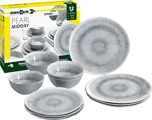 BRUNNER Camping-Geschirr-Set Melamin 2-4 Personen | 12-Teilig - Teller & Schüsseln | Midday Pearl - Für Wohnmobil, Wohnwagen & Boot - Bruchfest, Leicht & Anti-Slip