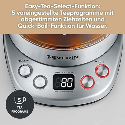 Bild 1 - SEVERIN Glas Tee- & Wasserkocher Deluxe, Teekocher mit einstellbarer Temperatur & Ziehzeit, mit 5 Teeprogrammen & Warmhaltefunktion, max. 1,7 L Wasser, 3000 W, Edelstahl, WK 3480