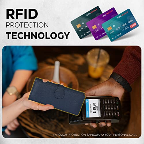 Image of Real Leather Women Wallet Leather with RFID Blocking -Trifold Card Holder Designer Ladies Clutch with ID Window Wallets, Navy, Small, Cfh12