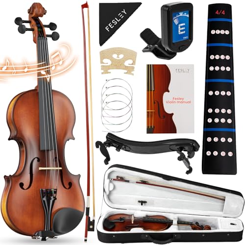 Fesley 4/4 Violin Fiddle Full Set: Matt Violin Kit for Beginners, Acoustic Violin with Hard Case, Solidwood Hand Made Starter Kit with Bow, Shoulder Rest, Tuner, Extra Strings