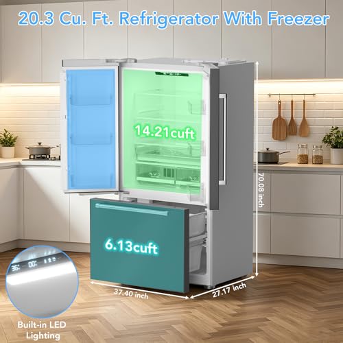 Image of Electactic 20.3 Cu. Ft. French Refrigerator, 3-Door French Door Refrigerator with Built-in Ice Maker, Digital Temperature Control with Bottom Mount Freezer Drawer for Kitchen Commercial-Grey
