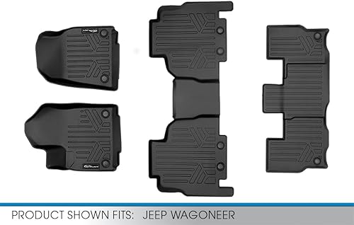 Miniatura 7 de SMARTLINER Juego de alfombrillas negras de 3 filas para todo tipo de clima, compatibles con Jeep Wagoneer/Grand Wagoneer 2022-2023 (modelo de 8