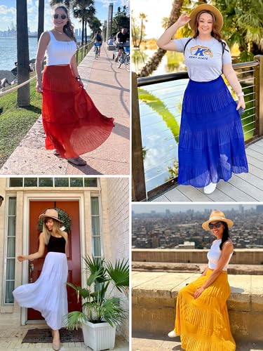 Image of NASHALYLY Women's Chiffon Elastic High Waist Pleated A-Line Flared Maxi Skirts