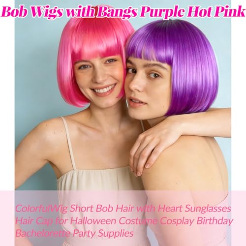 Image of DAJOOEE 2 Pack Party Wigs Wig Cap and Sunglass Set,Short Bob Hair Wigs Straight with Flat Bangs Synthetic Colorful Cosplay Daily Party Neon Wig for Women (Pink Purple)