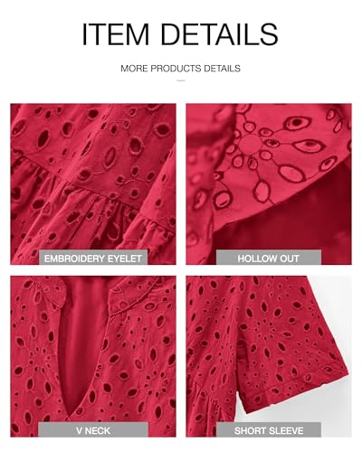 Image of BTFBM Womens Boho Summer Dresses 2026 Spring V Neck Short Sleeve Hollow Out Lace Ruffle Casual Beach Mini Vacation Dress