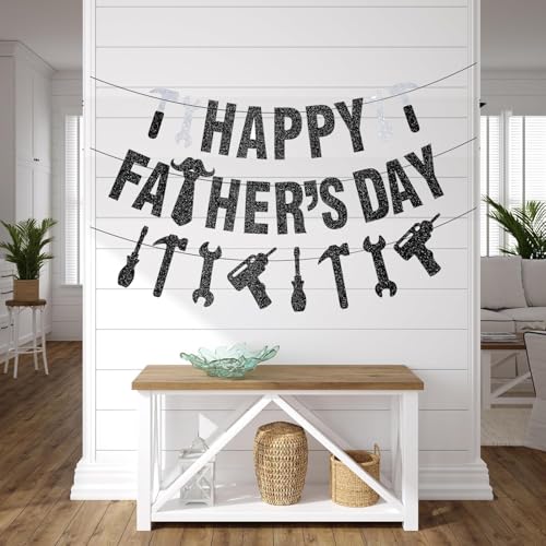 Image of Pre-Strung Happy Fathers Day Banner Party Decorations, NO DIY Glitter Fathers Day Banner with Household Tools Garland for Step Dad Grandpa Papa Home Indoor Mantel Wall Room Photo Props Backdrop Decor