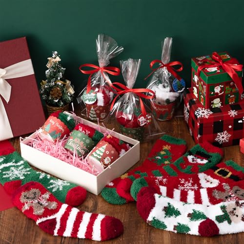 Image of Chuarry 12 Pairs Fuzzy Christmas Socks Gifts Soft Fluffy DIY Cupcake Socks for Women Christmas Teacher Colleague Stocking