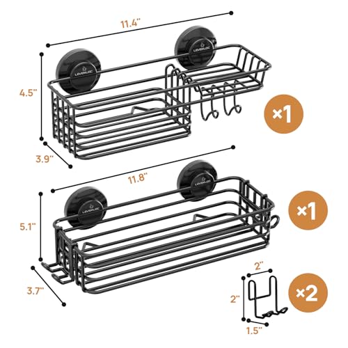 Image of LEVERLOC Shower Caddy Suction Cup, 2 Pack suction shower shelf with Hooks & Soap holder, NO-Drilling Bathroom Holder, Rustproof bathroom organizer, Black