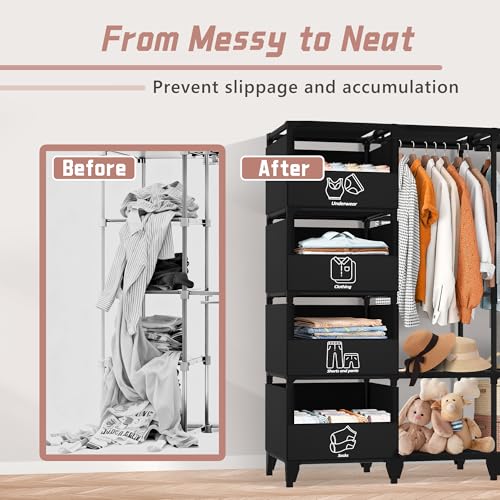 Portable Closet, Easy Assembly, Large Capacity Wardrobe Closet, Sturdy and Stable Clothes Rack with Shelves 4 Storage Baskets and 2 Hanging Rods, for Bedroom and Cloakroom Black - Image 6