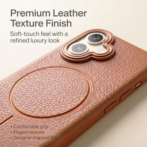 Image of amazon basics Luxury MagSafe Compatible Leather Texture Back Cover for iPhone 16 | Raised Camera Protection | Slim Fit Shockproof Case with Metallic Accents (Orange)