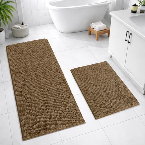 Image of LUXEHOME International Bath Mats for Bathroom Anti Slip Microfiber Chenille Super Absorbent Quick Dry Water Soak Floor Mat for Home Kitchen Door (40x60cm 60x120cm Chocolate) Pack of 2