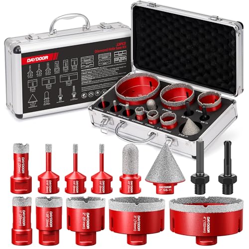 DAYDOOR Diamond Hole Saw Kit, 13-Piece Tile Hole Saw Kit 1/4' 5/16' 4/5' 1' 1-3/8' 2' 3' 4',Vacuum Brazed Core Drill Bits for Porcelain Tile, Granite, Marble, Stone(Red)