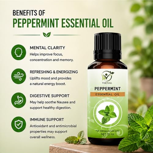 Image of VIRTUAL Peppermint Essential Oil 15ml Pure Aromatherapy Essential Oil for Diffuser Massage Spa Relaxation Home Fragrance and Wellness