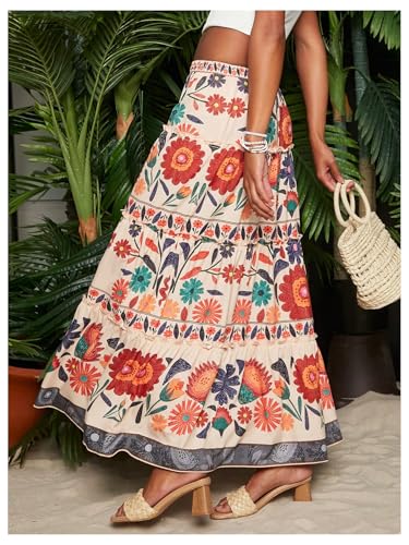 SweatyRocks Women's High Waist Floral Print Ruffle A Line Long Maxi Boho Vacation Skirt2