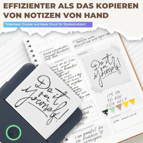 PRAOAHEI Mini Drucker, Tragbarer Fotodrucker mit 10 Rollen Druckerpapier, Bluetooth-Etikettendrucker, Thermodrucker für Notizen, Fotos, Tagebücher, Heimwerken, kompatibel mit iOS und Android (Grau)