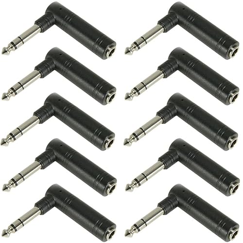 CableStop® - Adattatore stereo da 6,35 mm da spina maschio a femmina da 1/4, 90 gradi (confezione da 10)