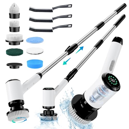 Electric Spin Scrubber: Cordless Power Spin Scrubber with Long Handle and Dual Speeds for Cleaning Bathroom Tub Tile Floor Include Cleaning Brush