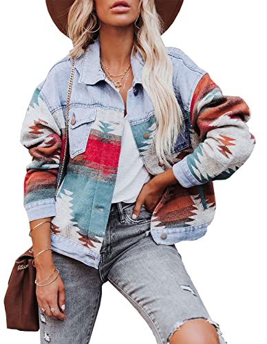 COWOKA Women's Vintage Aztec Print Pattern Loose Shacket Button Down Long Sleeve Woolen Jacket Shirts Coat (Light Blue, Medium)