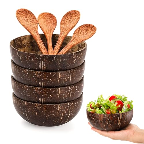 DXQCHDUO Polierte Kokosnussschalen, Set mit 4 Kokosnussschalen und Löffeln, handgefertigtes Kokosnussschalen-Set, Smoothie-Schalen, Dessert-, Obstsalat-Rührschüssel, veganes Geschenk