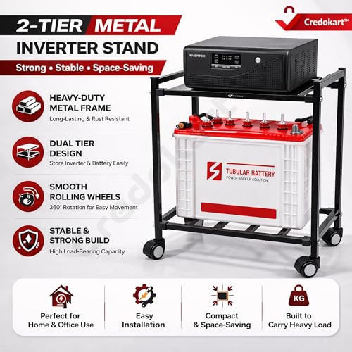 Image of Inverter Trolley for Home - 2 Tier Heavy Duty Inverter Stand with 360 Wheels | Strong Metal Inverter Trolley | Inverter Battery Stand for Home | Fits Single Battery | 150 KG Load - Black