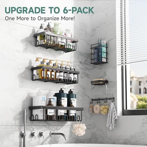 Image of Veken Shower Caddy 6-Pack, Advanced Rustproof Design, No Drilling Adhesive Shelves, Rack with Soap Holder, Large Capacity Bathroom Organizers and Storage, Wall-Mounted Kitchen & Home Decor, Black