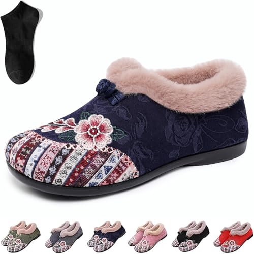 Fashion Women’s Winter Boots Floral Embroidery Warm Ankle Boots Cozy Fleece Lining Stylish Casual Outdoor Snow Shoes (Blue, 6.5, Adult, Women, 6.5, Numeric, US Footwear Size System, Medium)