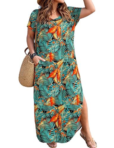 Image of Kancystore Women's Plus Size Dresses Summer Casual Loose Pocket Short Sleeve Slits Long Maxi Dress XL-5X