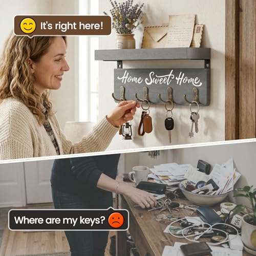 buways Key Holder Wall Mount with 8 Hooks and Cozy Home Sign (Gray) - Image 3