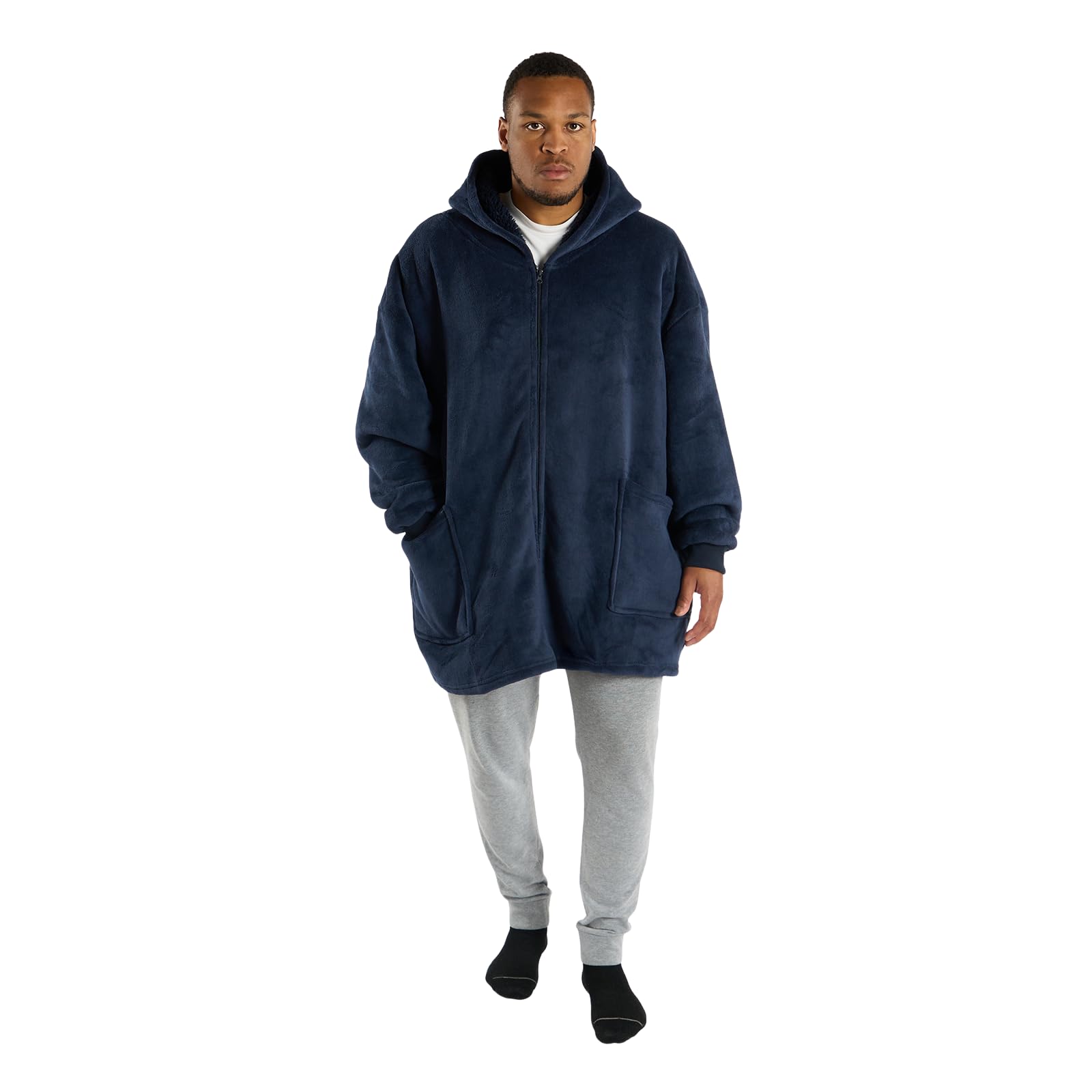 OHS Zip Up Oversized Hoodie Men Women Wearable Blanket Ultra Soft Warm Sherpa Fleece Jacket Women Men Hooded Blankets Sweatshirt Zipper Hoodie Blanket Cardigan, One Size - Navy