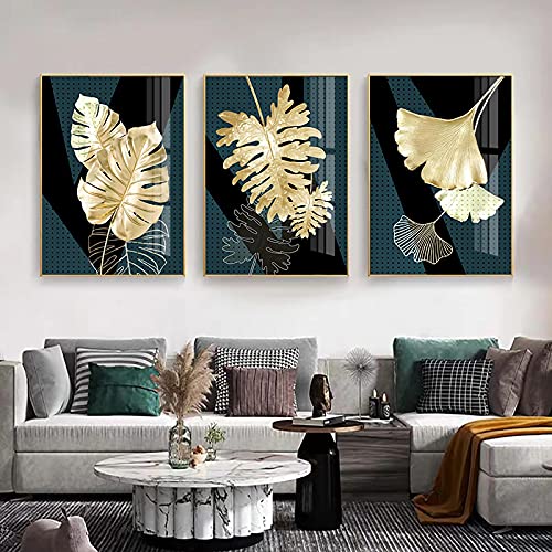 Affiche de toile feuille de plante ginkgo dorée 70x100cm x3 pour salon