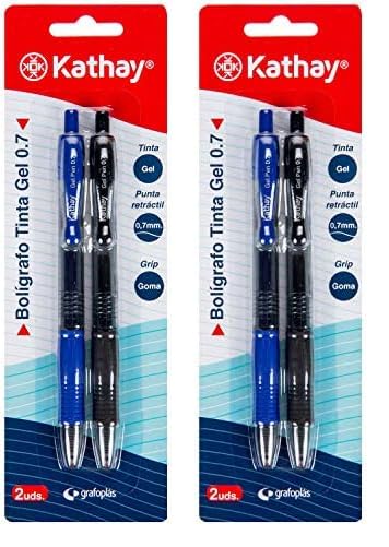 Kathay 86210599. Pack de 2 Bolígrafos de Gel, Color Azul y Negro, Punta 0,7, Cierre en Clic, Perfectos como Material Escolar (Paquete de 2)
