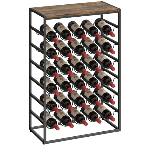HOMCOM Casier à Bouteilles pour 30 Bouteilles, étagère à vin avec 6 Niveaux avec Plateau Effet Bois, Style Industriel, casier à vin en métal, pour Cave, Bars, sous-sols, 59x30x88,5cm, Brun Rustique