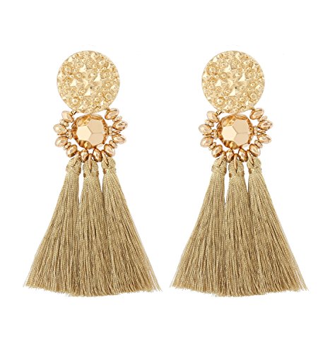 boderier Bohemian Statement Thread Tassel Chandelier Drop Dangle Earrings with Cassandra Button Stud